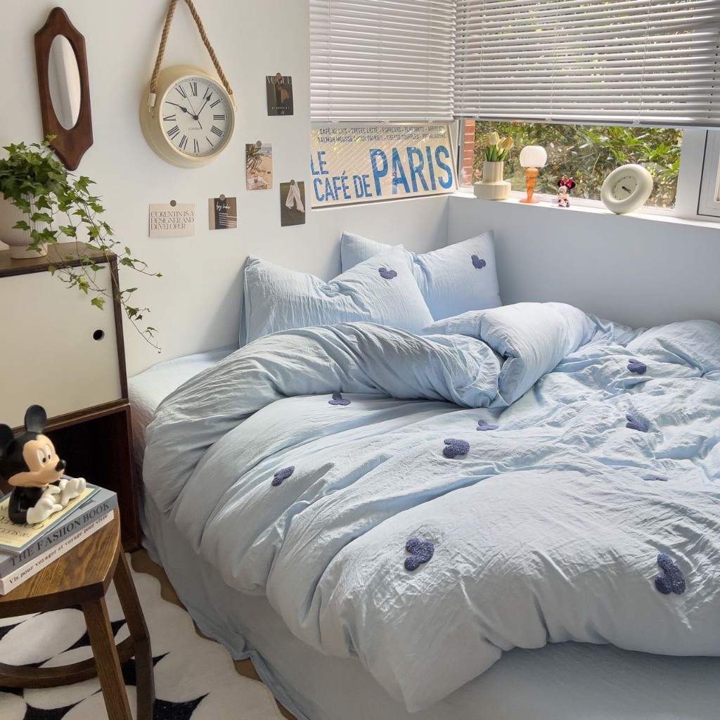 Bộ chăn ga gối Cotton đũi REE Bedding hoạ tiết tai gấu nhỏ CTD249 M1 XANH DƯƠNG nhiều màu đủ size giường nệm