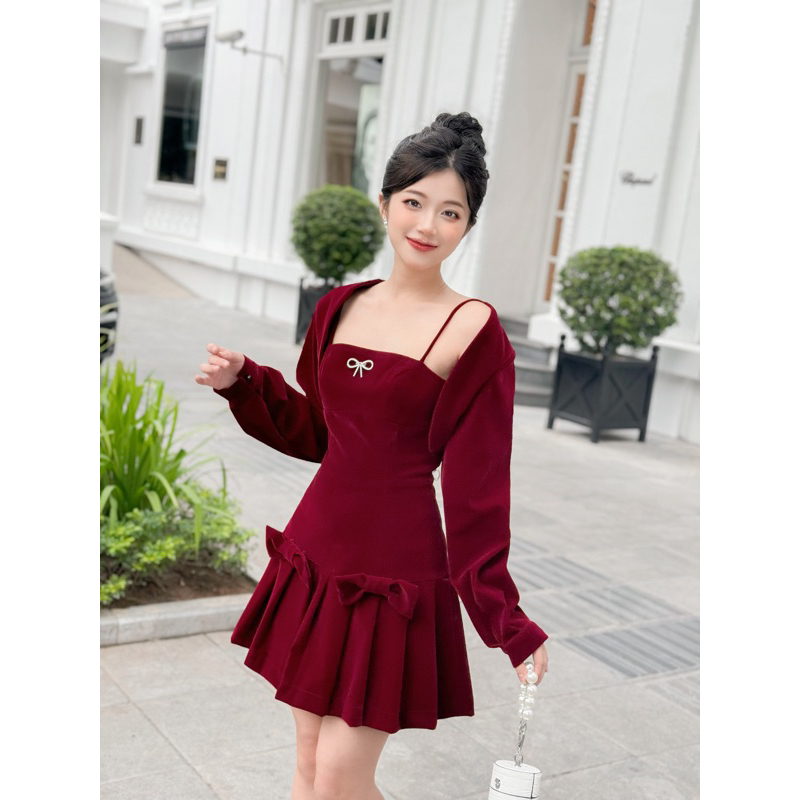 Mary Set - Set dạ tex Hàn váy hai dây kèm áo khoác croptop tay bồng thiết kế có bigsize