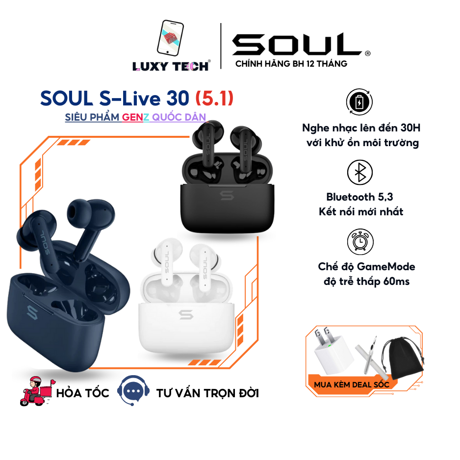 Tai Nghe Bluetooth TWS SOUL S-Live 30, BT 5.3, Kháng IPX4, Độ Trễ Thấp 60ms, Nghe Nhạc Đến 30H - Chính Hãng BH 12 Tháng