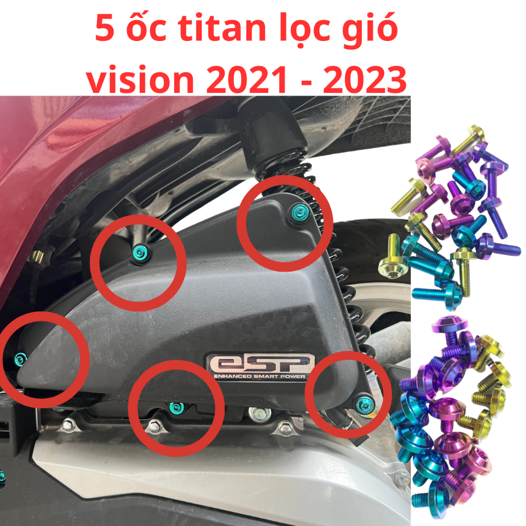 ốc titan gr5 salaya xe vision 2021 - 2024 gắn vị trí 5 ốc lọc gió trước kiểu màu lục bảo và tím lên màu cực đẹp