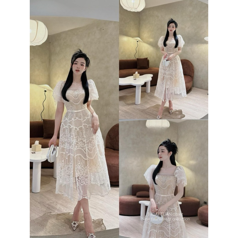 Váy ren tay bồng cổ vuông