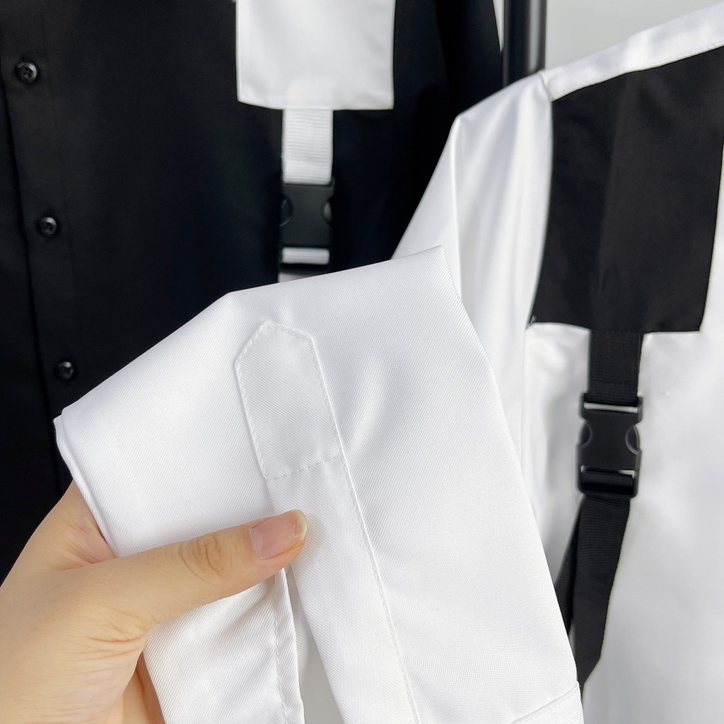 Áo sơ mi nam dài tay thiết kế đai vai màu trắng đen vải lụa mango,cổ thuyền,form slimfit mẫu mới-AHFASHION