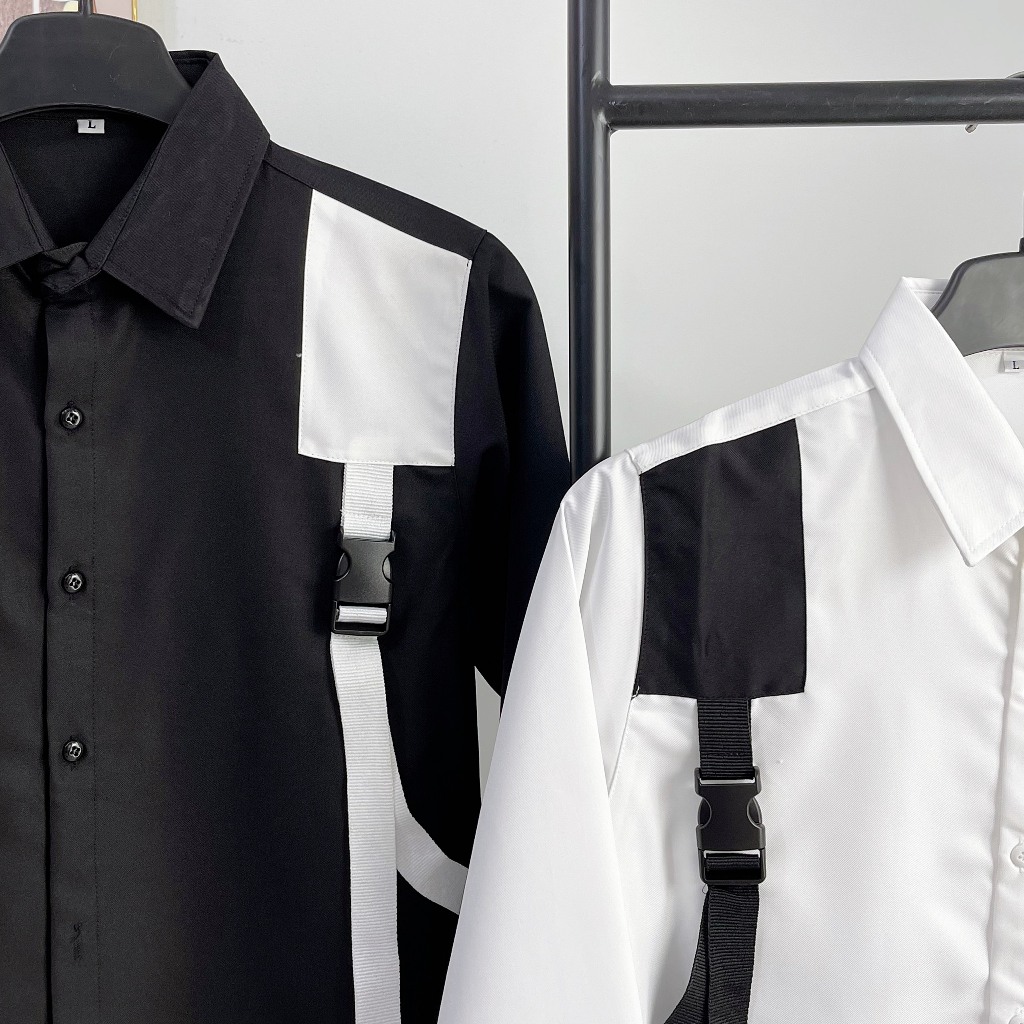 Áo sơ mi nam dài tay thiết kế đai vai màu trắng đen vải lụa mango,cổ thuyền,form slimfit mẫu mới-AHFASHION