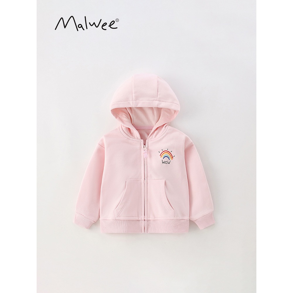 Mã 9029 áo nỉ bé gái Malwee có mũ trùm đầu màu hồng trơn in họa tiết cầu vồng cực đẹp