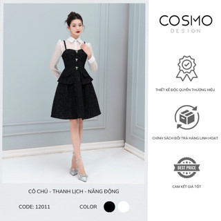 Váy xoè tweet nhũ đen 2 dây, phối aó tơ trắng COSMO Design 12011