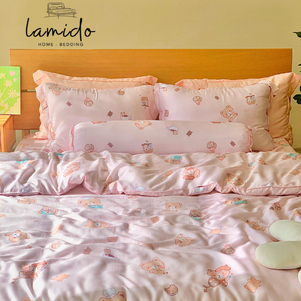 Chăn ga gối Tencel LAMIDO mẫu Gấu Hồng 80s size ga nệm 1m4, 1m6, 1m8, 2m