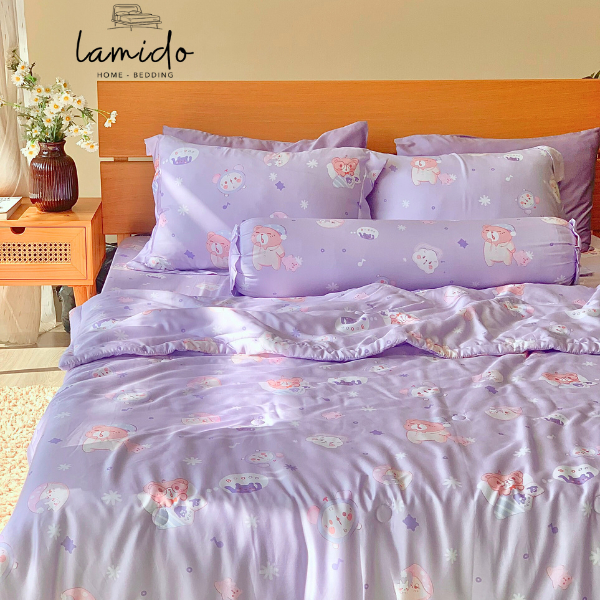 Bộ chăn ga gối lụa tencel mẫu GẤU TÍM 80s 100% tự nhiên thoáng mịn