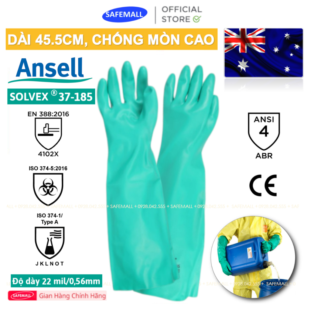 Combo Găng tay cao su bảo hộ Ansell 37-185 độ dày cao, Găng tay hóa chất Ansell Alphatec Solvex 37-185 chính hãng