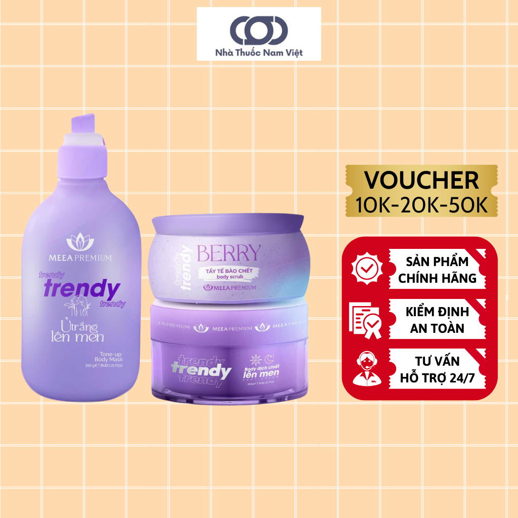 Bộ Kem Body Trendy & Tẩy Tế Bào Chết Body, Ủ Trắng Lên Men Trendy Chính Hãng Meea Premium