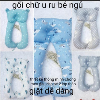 Gối chữ U ru bé 45x85cm vải 100% cotton lụa ruột bông sơ cao cấp-chống méo đầu