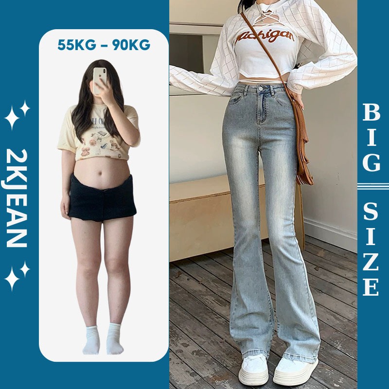Quần jean ống loe bigsize nữ lưng cao kiểu trơn co giãn từ 55kg đến 90kg thời trang 2KJean LOEMS335