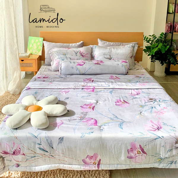 Chăn ga gối lụa tencel LAMIDO mẫu CÀNH HOA XANH đủ size nệm 1m6, 1m8, 2m HÀNG CHUẨN