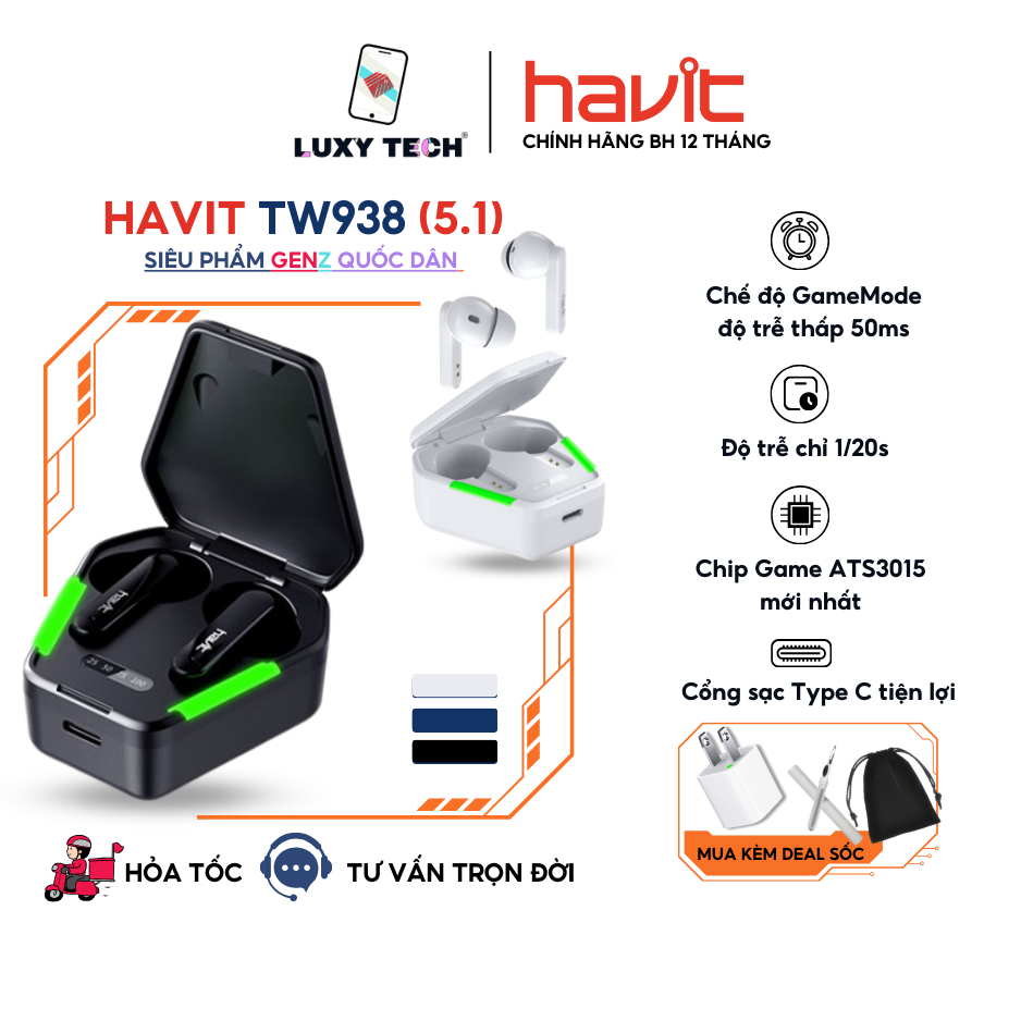 【Hỏa Tốc BD】Tai Nghe Gaming TWS HAVIT TW938, Bass Chất Game Mượt, Chip ATS3015 Giảm Độ Trễ 0.05s - BH 12 Tháng