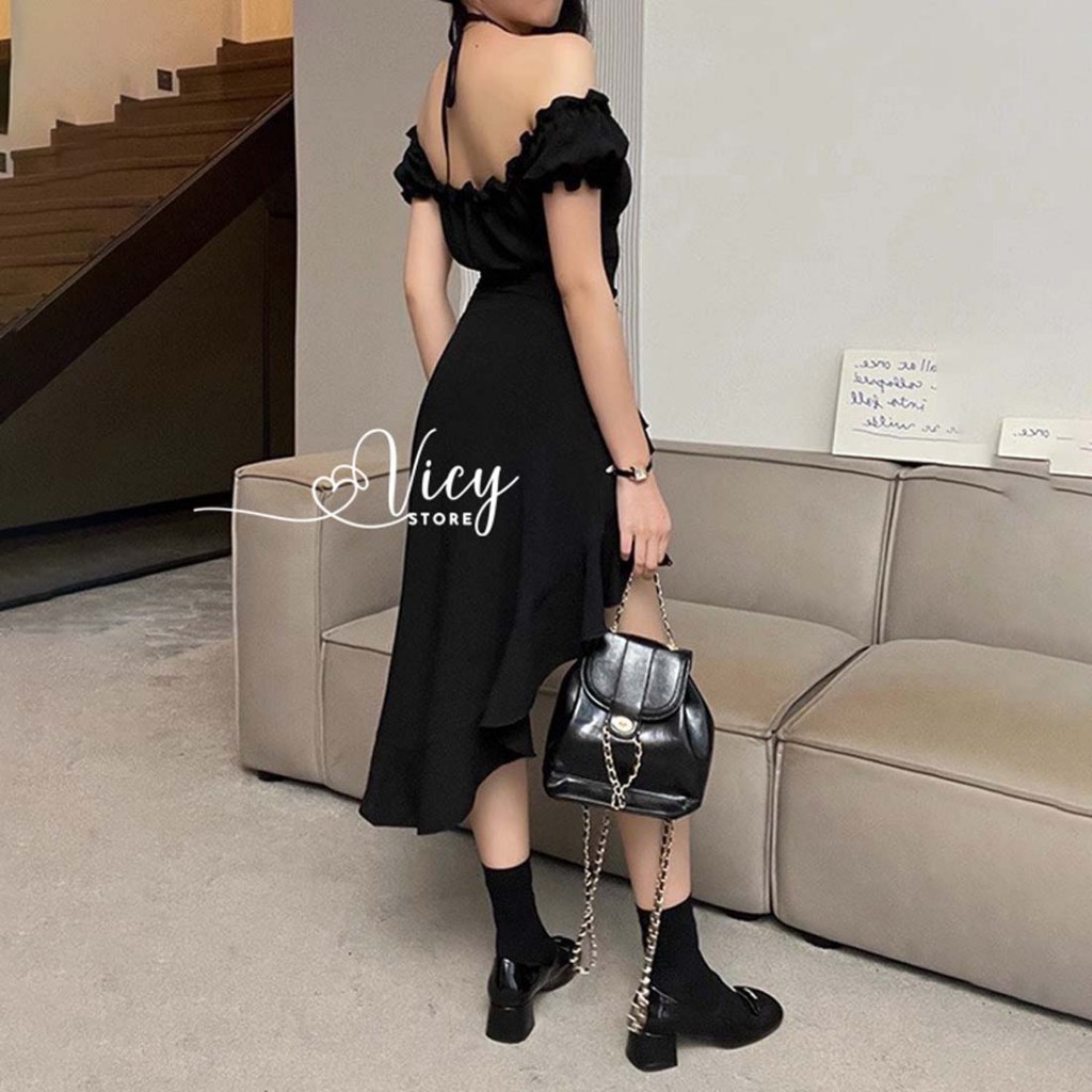 Đầm trễ vai tay ngắn phối viền bèo xẻ tà xinh xắn, váy nữ thiết kế dây yếm dễ thương đi chơi dạo phố VICY TAYEM01