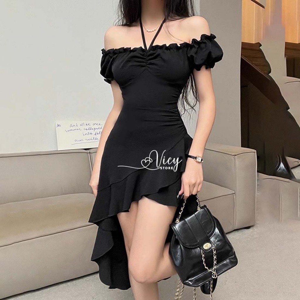 Đầm trễ vai tay ngắn phối viền bèo xẻ tà xinh xắn, váy nữ thiết kế dây yếm dễ thương đi chơi dạo phố VICY TAYEM01