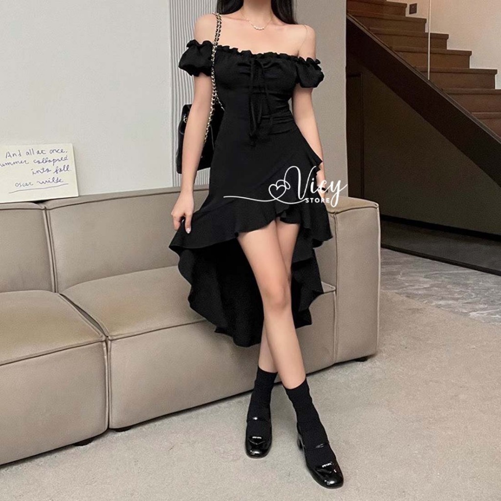 Đầm trễ vai tay ngắn phối viền bèo xẻ tà xinh xắn, váy nữ thiết kế dây yếm dễ thương đi chơi dạo phố VICY TAYEM01