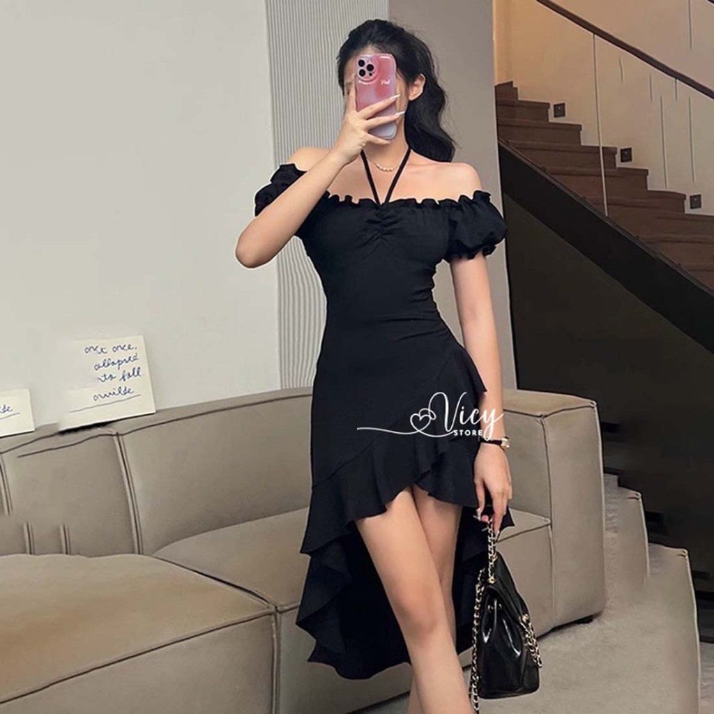 Đầm trễ vai tay ngắn phối viền bèo xẻ tà xinh xắn, váy nữ thiết kế dây yếm dễ thương đi chơi dạo phố VICY TAYEM01