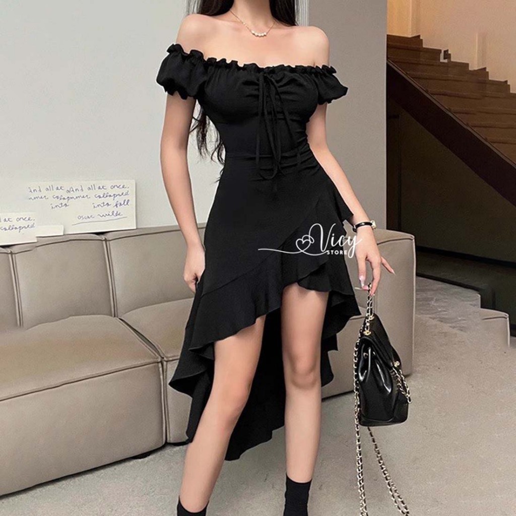 Đầm trễ vai tay ngắn phối viền bèo xẻ tà xinh xắn, váy nữ thiết kế dây yếm dễ thương đi chơi dạo phố VICY TAYEM01