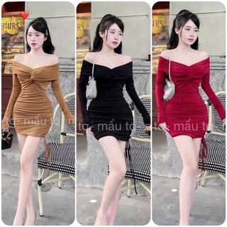 Đầm thun nhũ bẹt vai tay dài ôm body dáng ngắn sexy , chất nhũ dày dặn