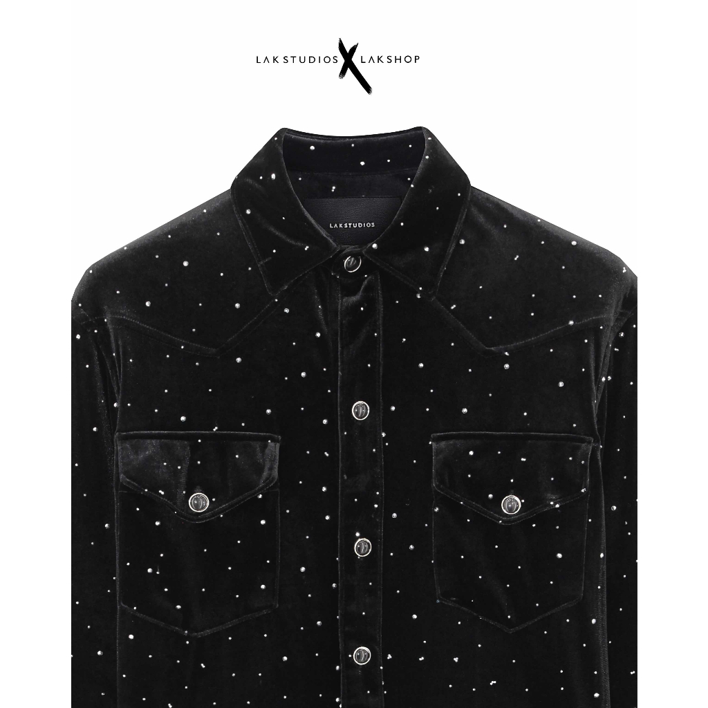 Sơmi nhung đính đá Lak Studios Polka-Dot Velvet Black Shirt
