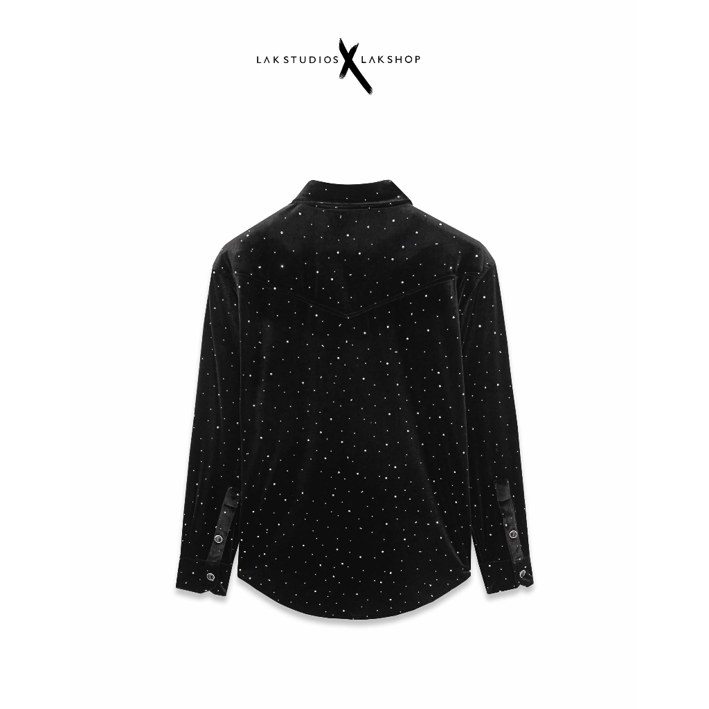 Sơmi nhung đính đá Lak Studios Polka-Dot Velvet Black Shirt