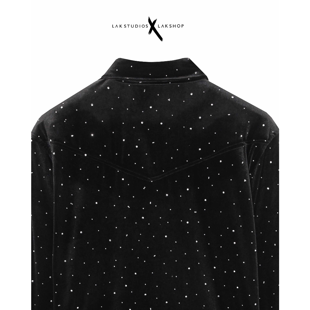 Sơmi nhung đính đá Lak Studios Polka-Dot Velvet Black Shirt