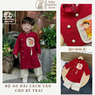 Set áo dài đỏ cho bé trai hình in dễ thương Maruhouse - Bộ áo dài cách tân chất liệu nhung tex cao cấp cho bé 10-25kg