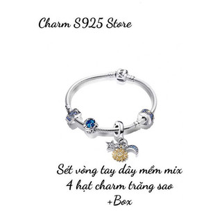 Bộ vòng tay pan ale mix 4 hạt charm ngôi sao mặt trăng bạc s925 thuần khiết hàng cao cấp