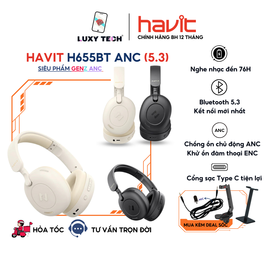 Tai Nghe Headphone Bluetooth HAVIT H655BT, BT 5.3, Chống Ồn Chủ Động ANC, Gamemode 60ms, Nghe 76H - Chính Hãng BH 12T