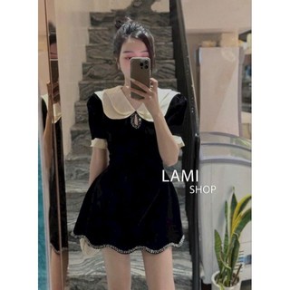 Đầm nhung thời trang nữ mặc đi chơi, đầm ngắn tay cổ bèo y hình