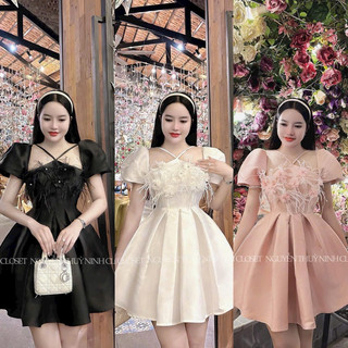 đầm nữ tapta cổ yếm tay phồng kết hoa ngực siêu xinh 3 màu y hình