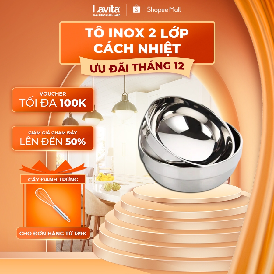 Combo chén tô Lavita bằng inox 2 lớp cách nhiệt,kiểu dáng Hàn Quốc,dùng đựng cơm, thức ăn,canh soup,tiện lợi nhiều size