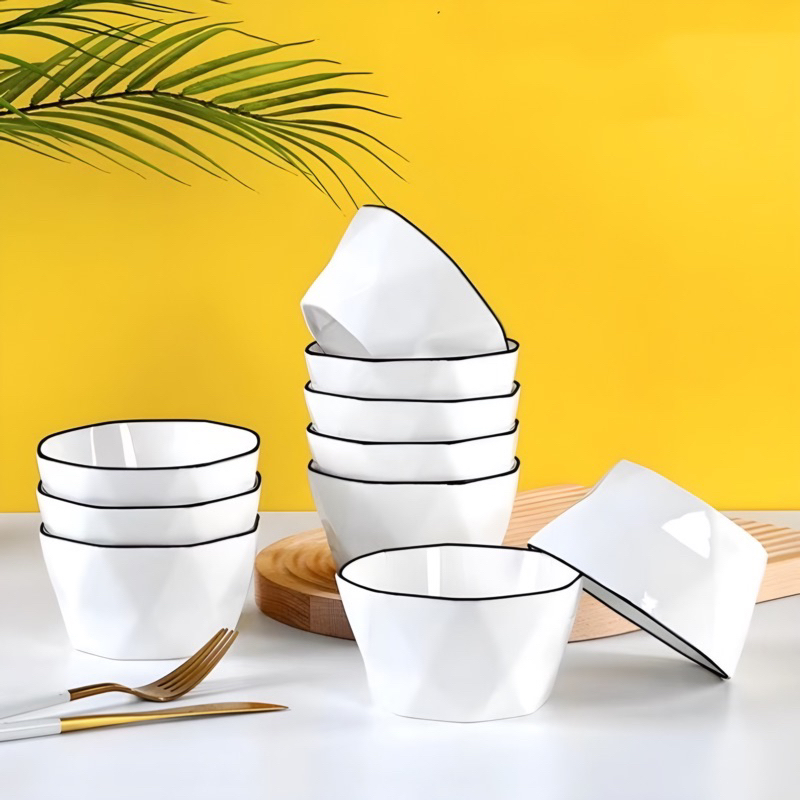 SET 10 chén sứ trắng tráng men viền đen.