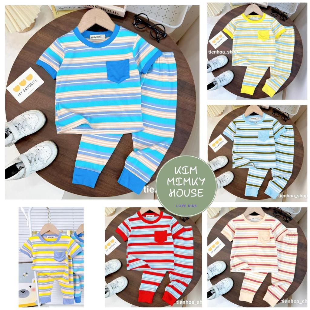 Bộ tay ngắn quần dài MinkyMom (6-24kg) áo có túi, vải sọc dệt mềm mịn cho bé