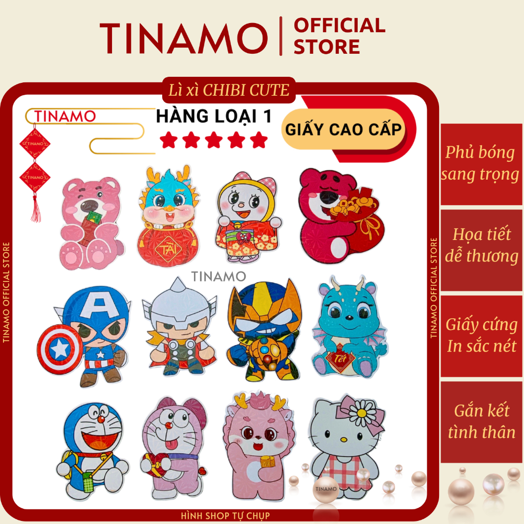 Set 10 bao lì xì Chibi Tết 2024 được chọn mẫu , Lì xì Chibi hoạt hình dễ thương, Hàng cao cấp TINAMO