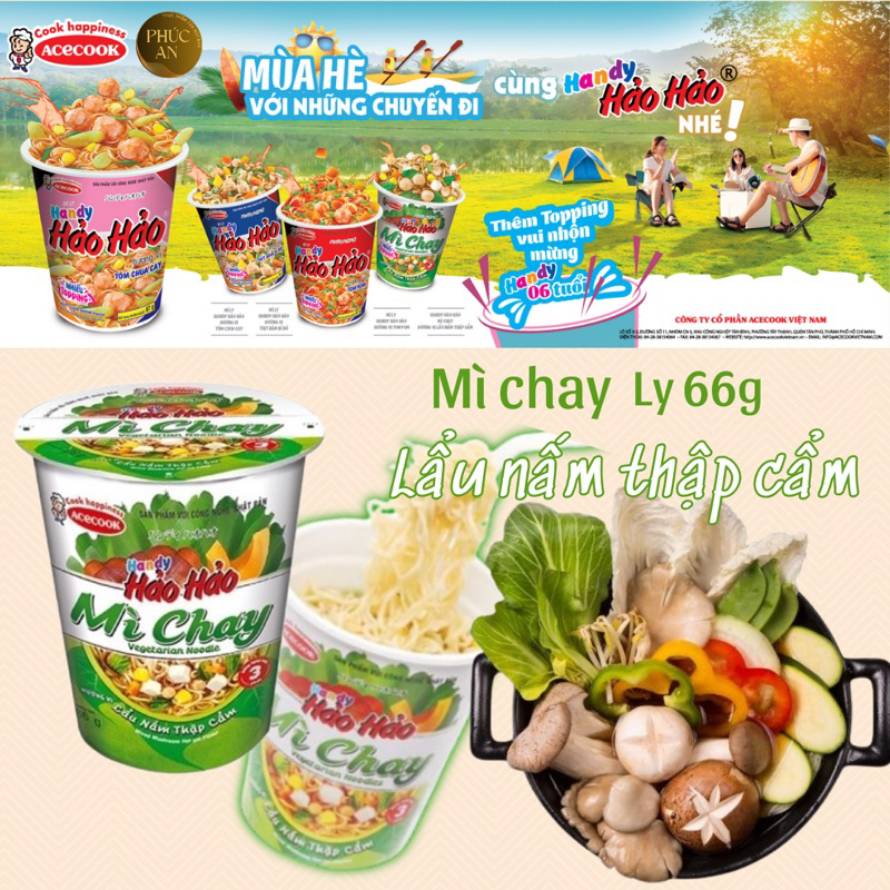 Thùng 24 Mì ly Handy Hảo Hảo Chay 66g vị lẩu nấm thập cẩm ACECOOK Vegetarian noodles