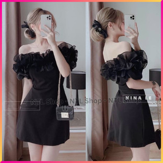 Đầm váy body trễ vai đen phối bèo tầng, Đầm nữ bẹt vai bèo trễ vai phối voan sang trọng đi tiệc, đi chơi siêu sang
