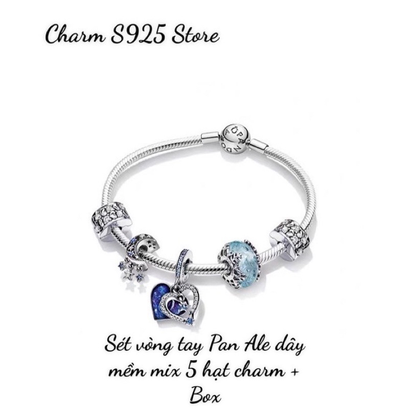 BỘ VÒNG TAY PAN ALE KHOÁ TRÒN MỀM MIX 5 HẠT CHARM BẦU TRỜI TRĂNG SAO BẠC S925 HÀNG CAO CẤP