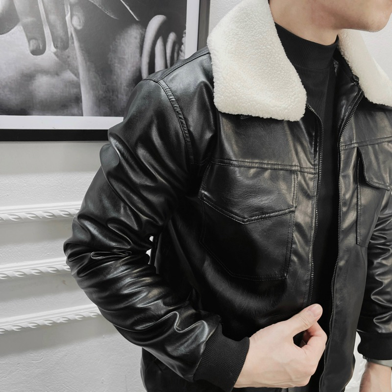 Áo khoác da nam cổ lông lót lông dày dặn, Áo da nam mùa đông