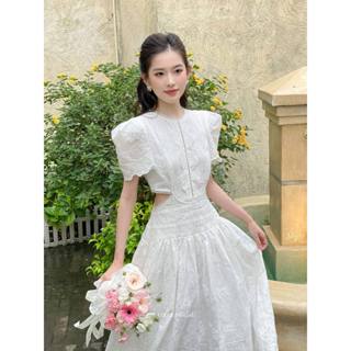 COQUI - Váy trắng dáng dài tay phồng, cổ tròn, khoét eo tiểu thư thanh lịch dự tiệc MIRA DRESS