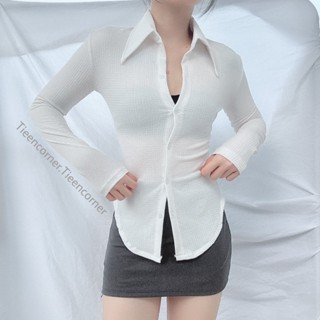 Áo thun form sơ mi chất lưới xốp mỏng nhẹ ôm body tay dài vạt bầu hack eo tieencorner 455