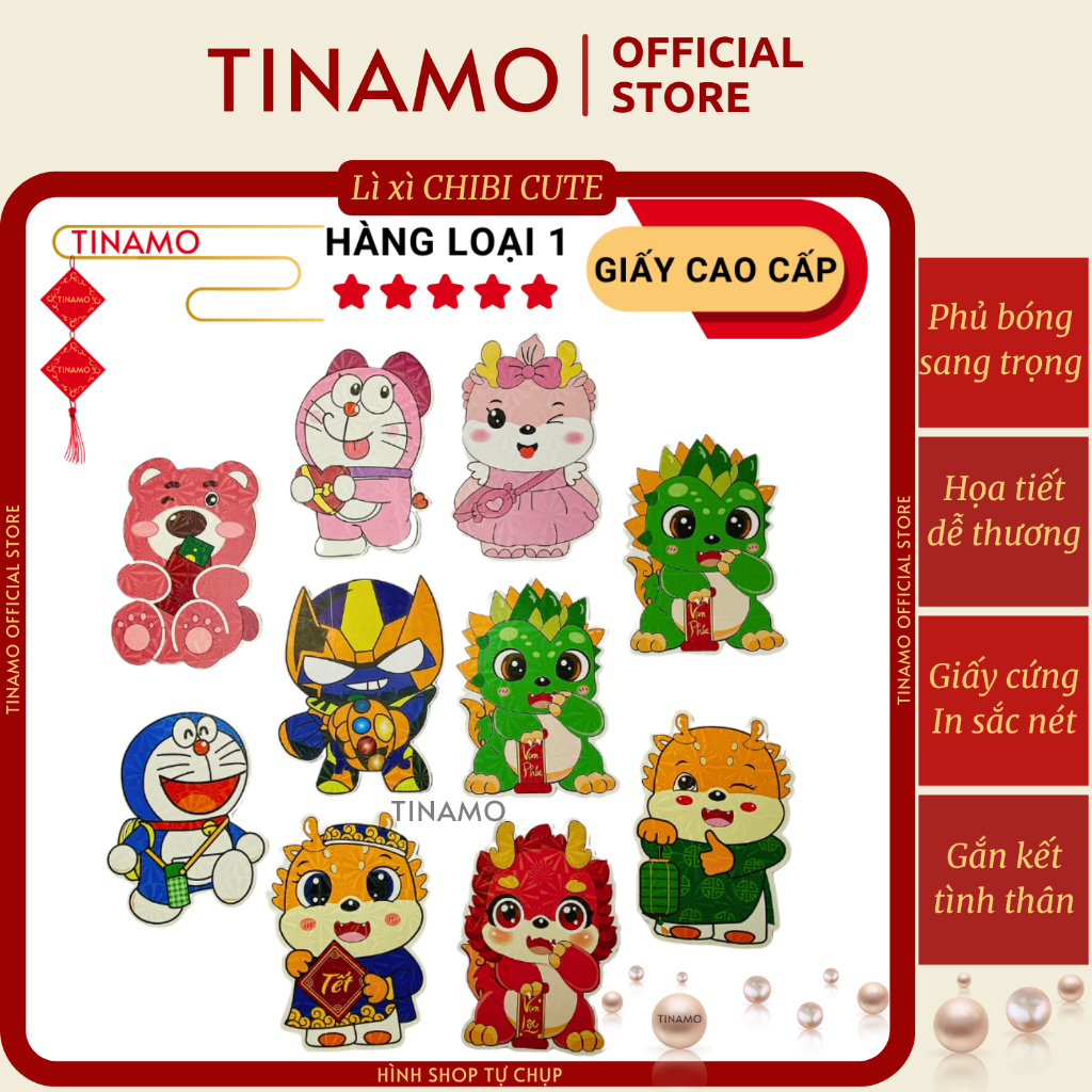 Set 10 bao lì xì Chibi Tết 2024 được chọn mẫu , Lì xì Chibi hoạt hình dễ thương, Hàng cao cấp TINAMO