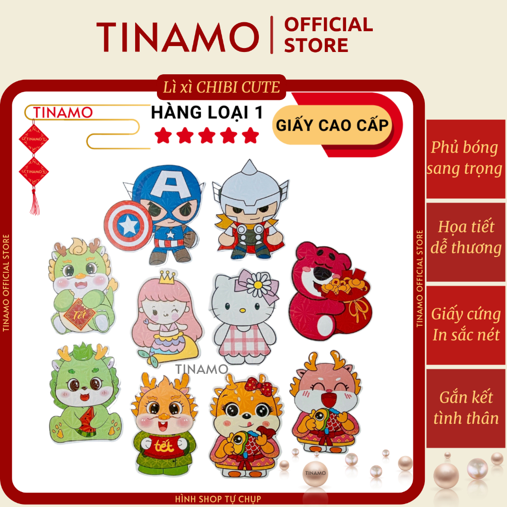 Set 10 bao lì xì Chibi Tết 2024 được chọn mẫu , Lì xì Chibi hoạt hình dễ thương, Hàng cao cấp TINAMO
