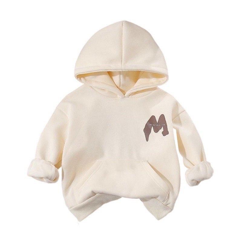 Áo nỉ có mũ 15-55kg, áo hoodie in chữ M cho bé trai, bé gái 2-15 tuổi