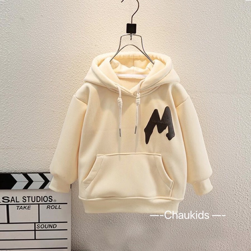 Áo nỉ có mũ 15-55kg, áo hoodie in chữ M cho bé trai, bé gái 2-15 tuổi
