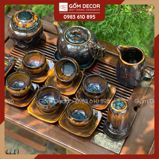 Bộ Ấm Chén Uống Trà, Ấm Chén Bát Tràng Men Hổ Phách Chén Lòng Hoa