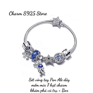 Combo bộ vòng tay mềm pan ale mix 7 hạt charm bầu trời xanh bạc s925 cao cấp