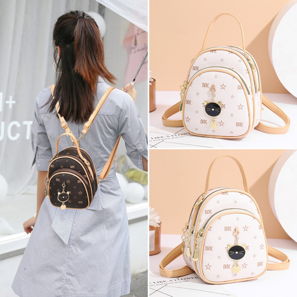 Ba lô đi chơi, balo thời trang bầu dục 3 ngăn tag meo kết hợp đeo chéo K213