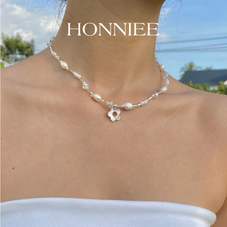   023  Vòng cổ nữ dây mặt hoa trắng vỏ sò 1cm- kích thước vòng 37cm khoá cài thép không gỉ Honniee 