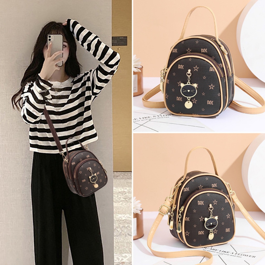 Ba lô đi chơi, balo thời trang bầu dục 3 ngăn tag meo kết hợp đeo chéo K213